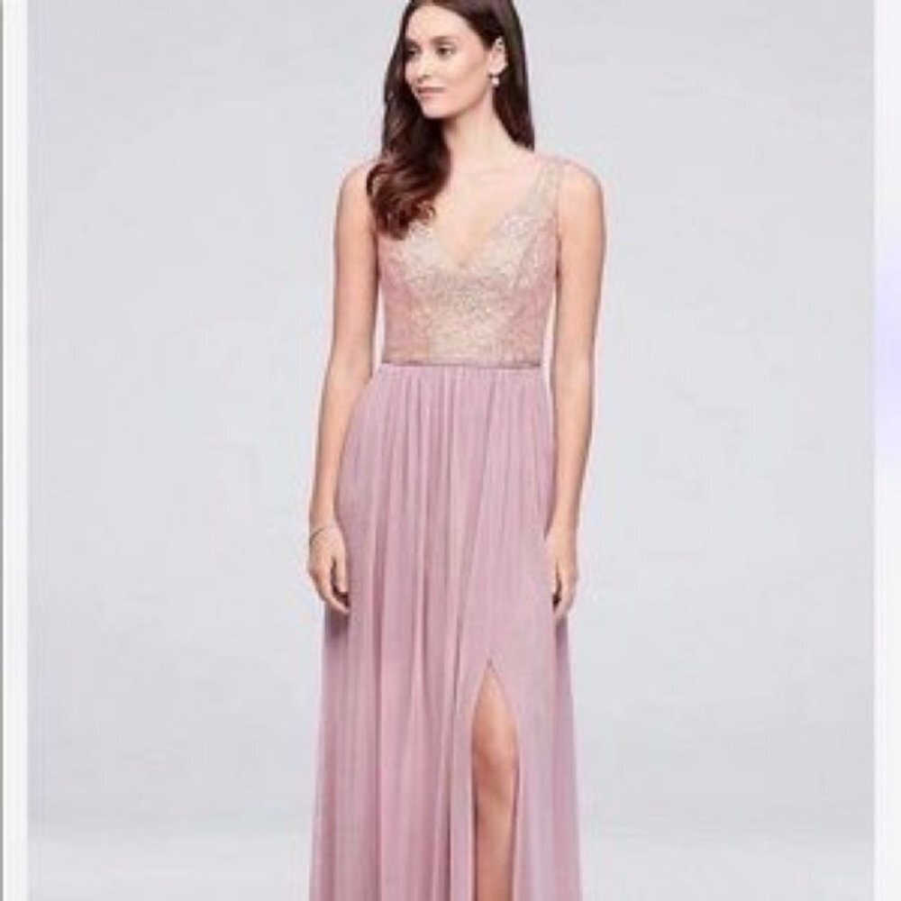 NWT David’s Bridal Rose  Gold Metallic Empire Mesh Maxi Bridesmaids Dress size 4